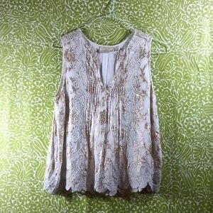 White and Gold Linen Sleeveless Shirt